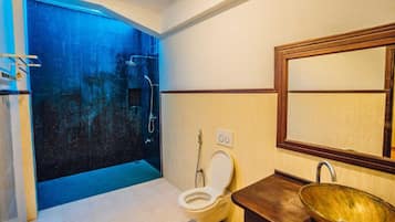 Shower, towels, soap, shampoo