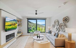 Televisión, chimenea, estéreo y oficina 