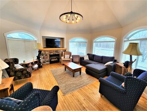 Smart TV, fireplace, video games, DVD player