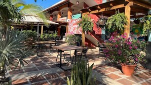 Un espace extérieur aménagé en terrasse, avec des tables et des chaises, entouré de plantes en pot et d’un bâtiment sur lequel est apposée une enseigne indiquant « Pueblito Norte ».