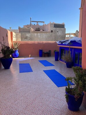 A rooftop patio with blue mats, potted plants, and a view of buildings in the background. - Hotel Riad Dar El Qdima (Essaouira)