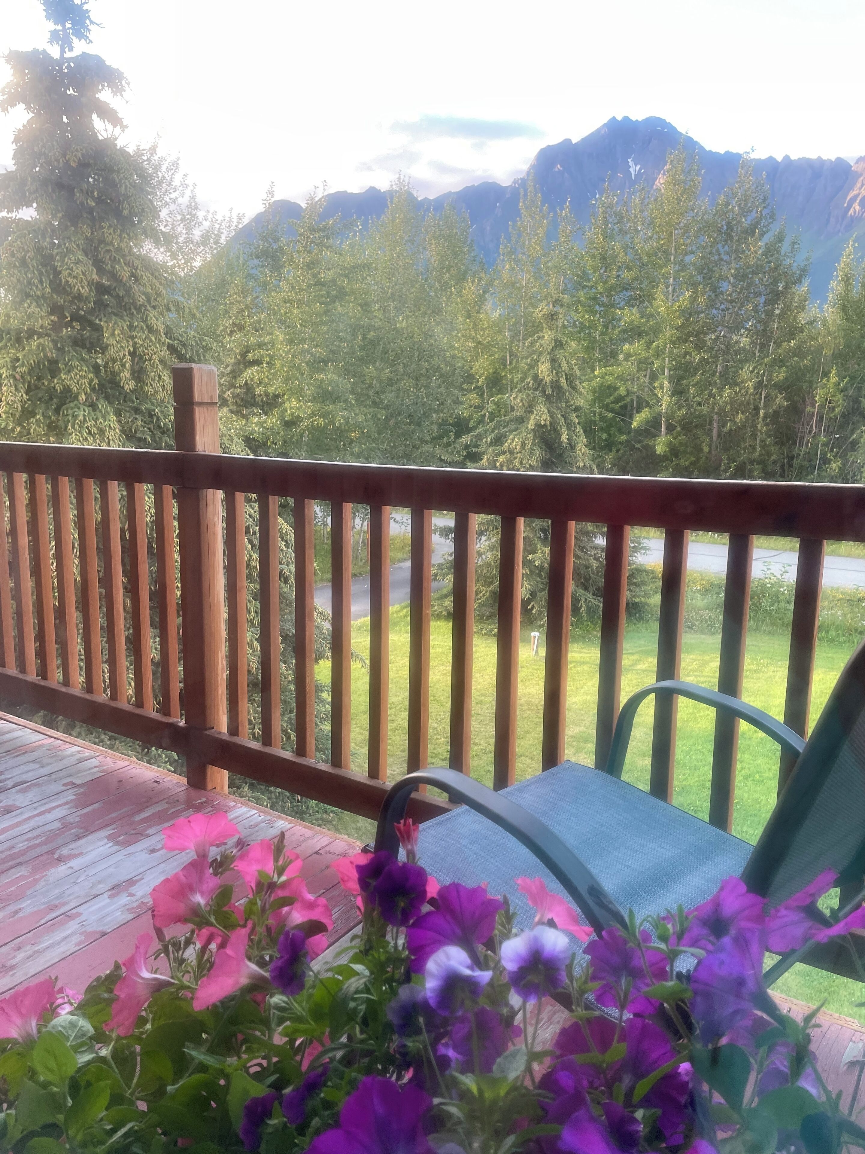 Une terrasse en bois offrant une vue sur une chaîne de montagnes et une route.