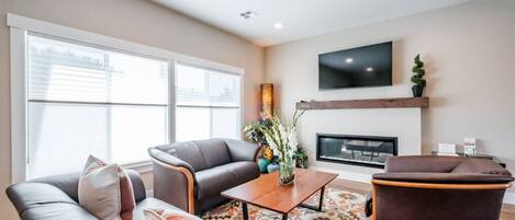 Smart TV, fireplace, books, computer monitors