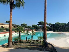 Une piscine entourée de palmiers, un ciel d’un bleu limpide et un bâtiment en arrière-plan.