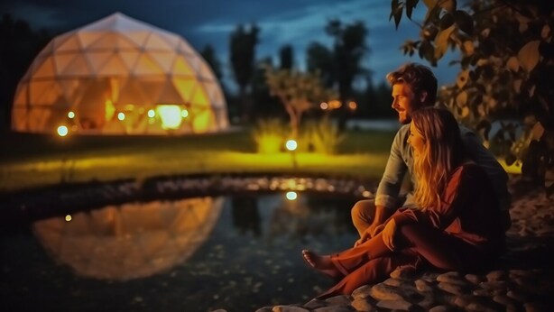 A couple sitting by a pond with a geodesic dome structure in the background. - Glamping Xochitepec (Xochitepec)