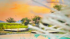 A clear view of a swimming pool with a sunset in the background. - Glamping Xochitepec (Xochitepec)