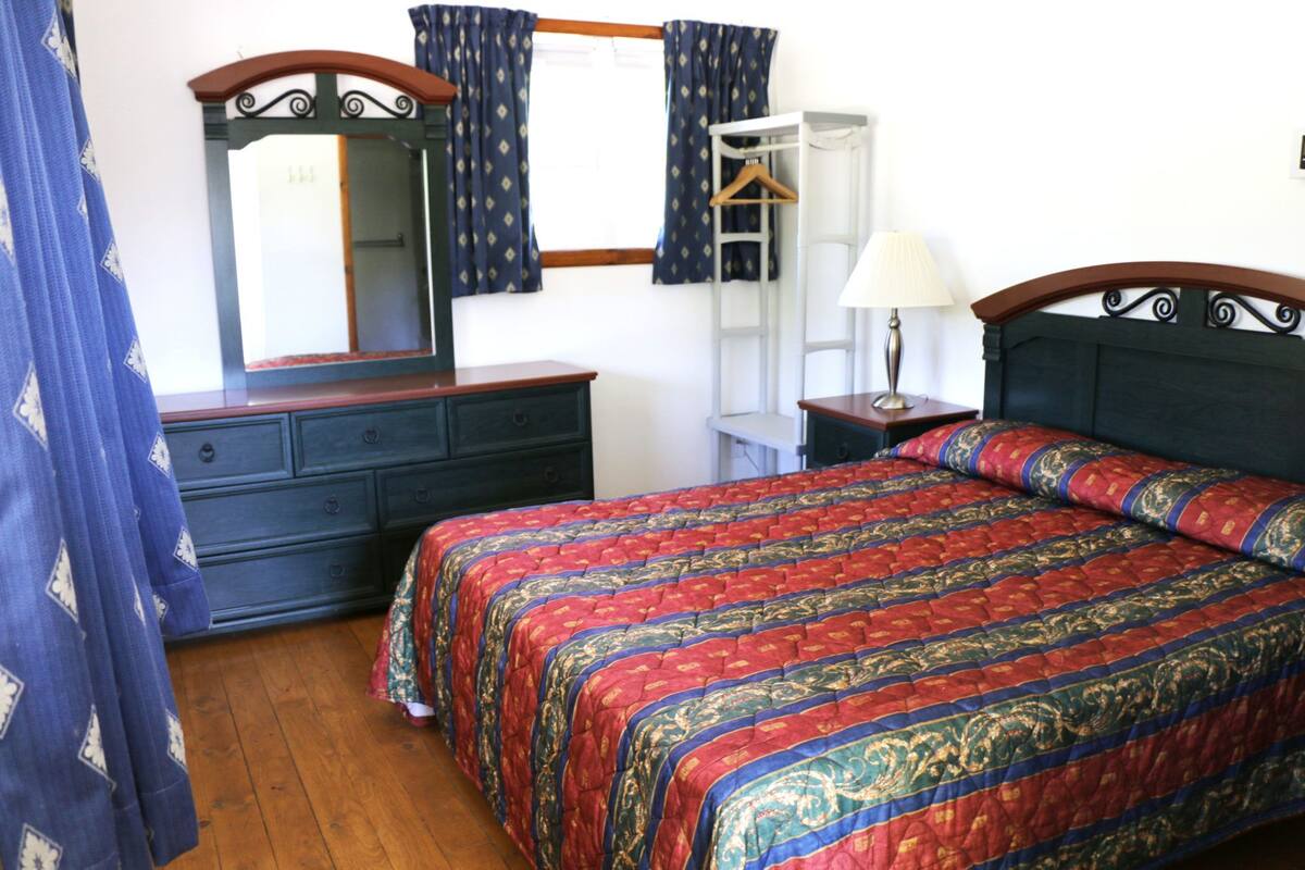 A bedroom with a bed, dresser, mirror, and a nightstand with a lamp.