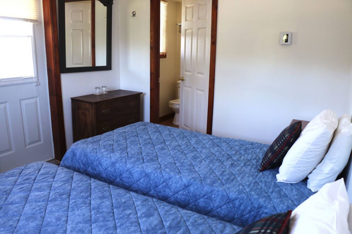 A bedroom with two beds, a dresser, a mirror, and a door leading to a bathroom.