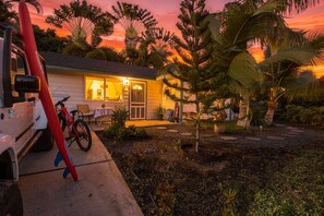 Une maison avec un garage apparent, un vélo et un jardin bien entretenu avec des palmiers.
