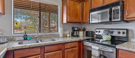 Fridge, microwave, oven, stovetop