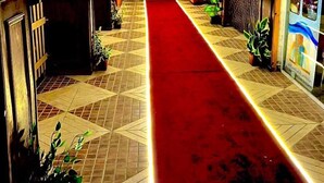 Rebedor d'hotel amb una catifa vermella, sòl de rajola, un taulell de recepció, plantes en testos i una paret amb un quadre.