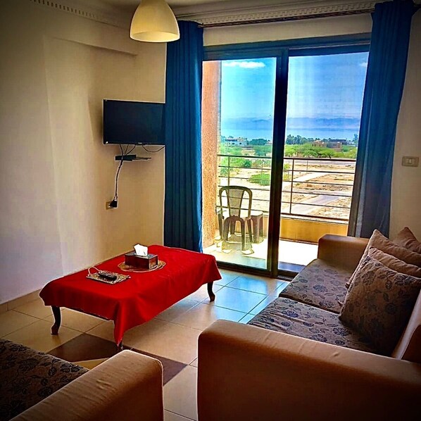 Deluxe Apartment | Living area | 32-inch TV with digital channels, fireplace