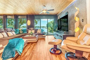 Smart TV, chimenea, libros