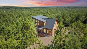 Une cabane moderne à deux étages, entourée d’une forêt dense, avec un toit en métal et de grandes fenêtres.