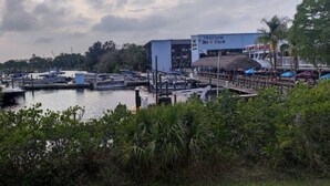 A marina with boats docked, a Freedom Boat Club building, and a restaurant named 'Coca Cola'. - Convenient, cozy and bright  :)  (New Port Richey)