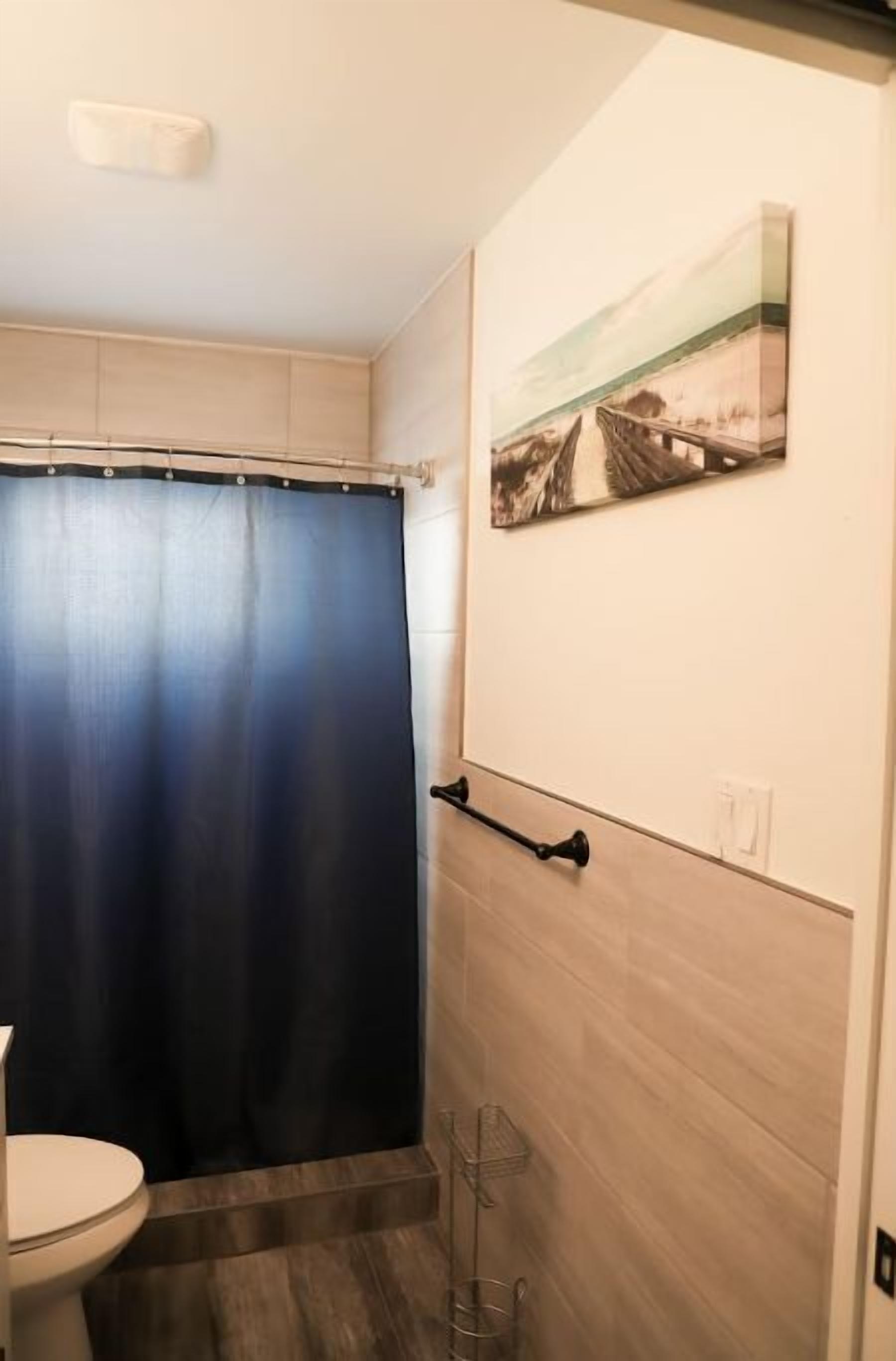Un baño con suelo de madera, inodoro, cortina de ducha, toallero y un cuadro colgado en la pared.