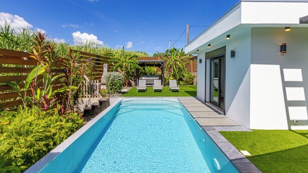 A modern house with a swimming pool, a patio with lounge chairs, and a well-maintained garden.