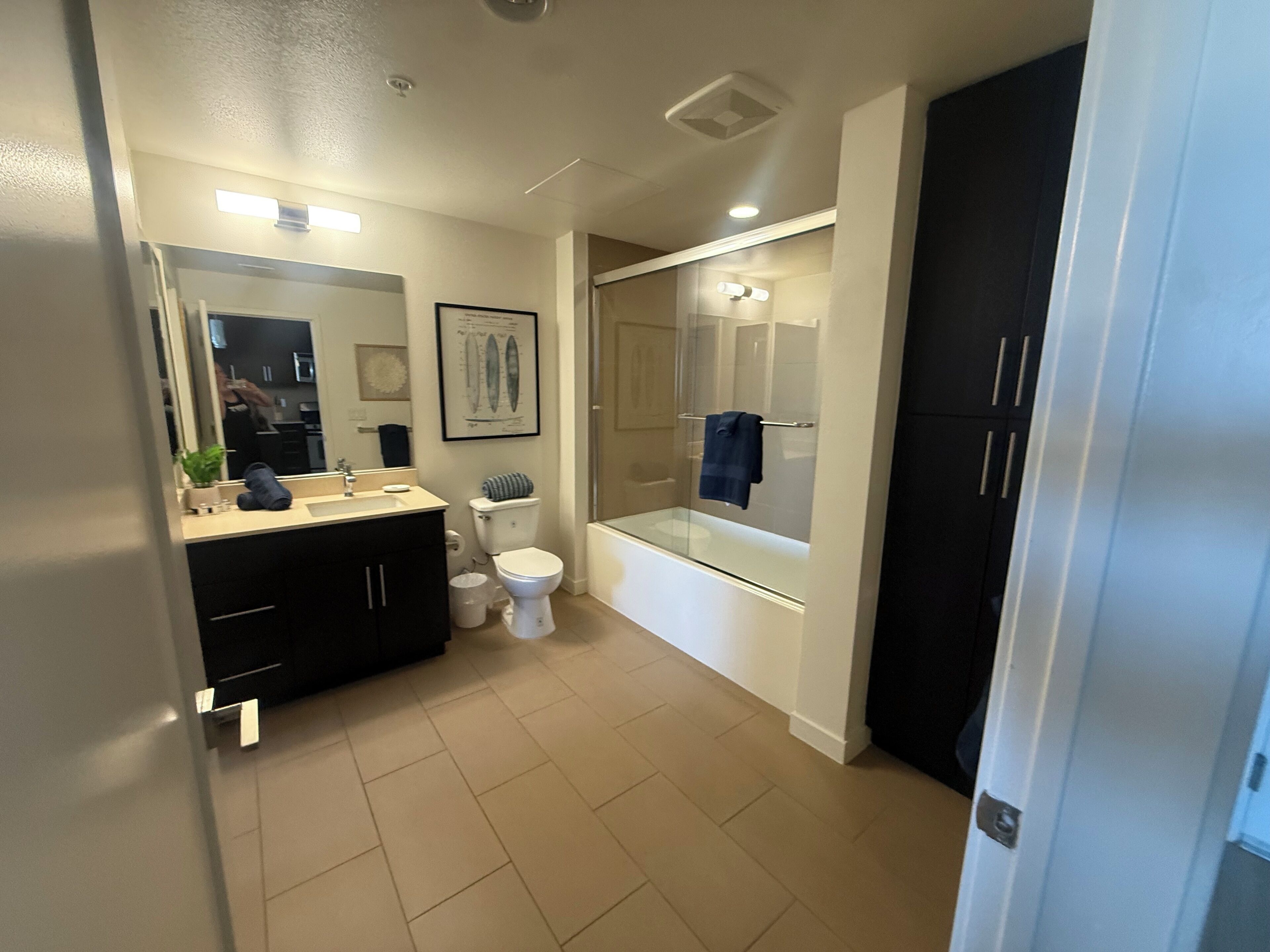 Hair dryer, towels, toilet paper