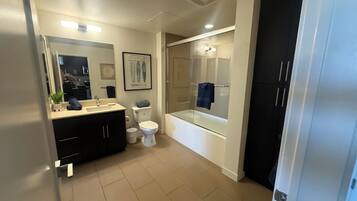 Hair dryer, towels, toilet paper
