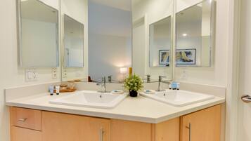 Hair dryer, towels, soap, shampoo