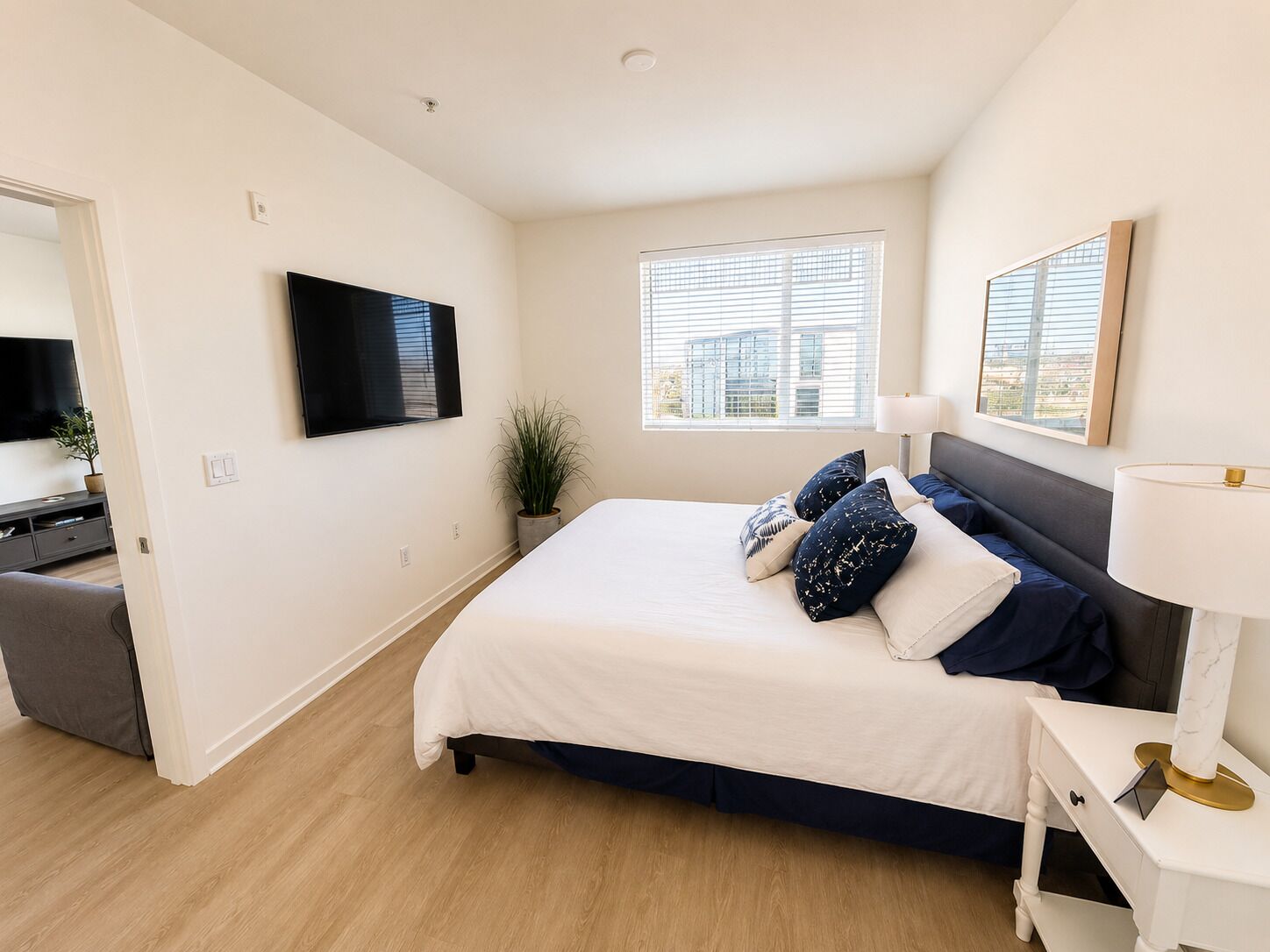 Un dormitorio con cama, televisor, ventana y planta.