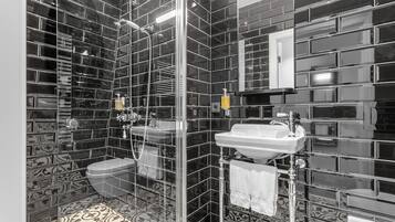 Habitación estándar con 2 camas individuales | Baño | Ducha, secador de pelo, toallas y jabón