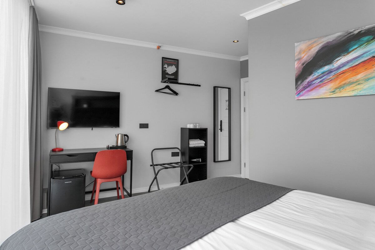 Una habitación de hotel moderna con una cama, un escritorio con una silla, un televisor y un armario.