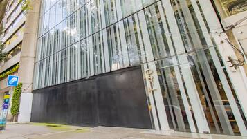 Contemporary building with sleek lines and secure entrance.