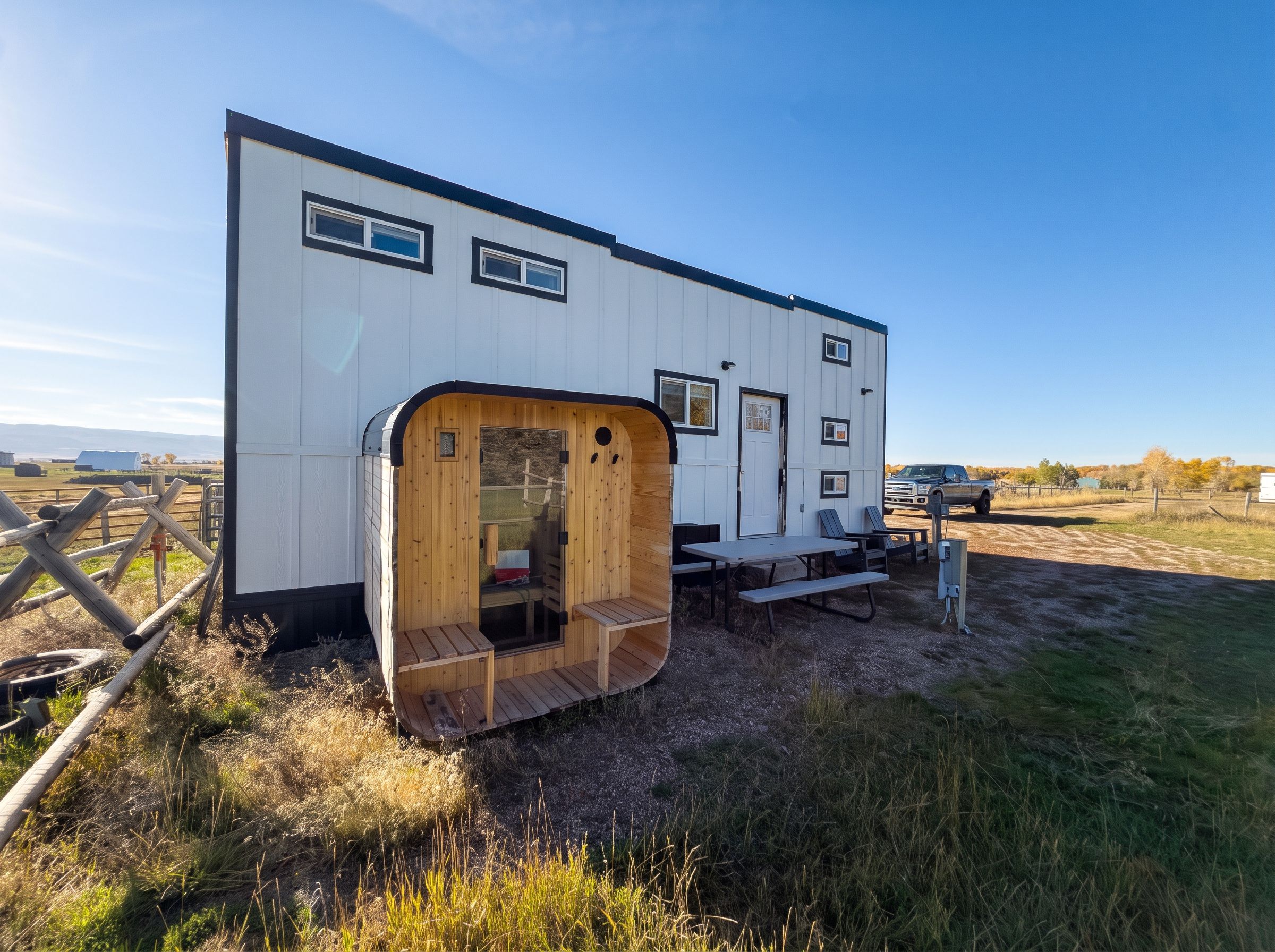 A mobile home with a wooden deck, a picnic table, and a vehicle in the background.