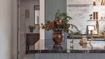 Full-sized fridge, microwave, oven, stovetop