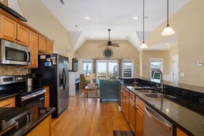 Fridge, microwave, oven, stovetop - Footloose & Fab-Semi-oceanfront, pool, hot tub, rec room, pool table, elevator! (Nags Head)