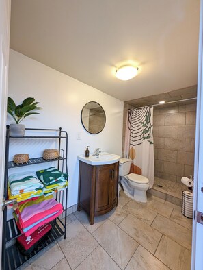 Shower, hair dryer, towels, soap