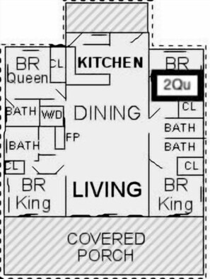 Ein Grundriss eines Hotels mit beschrifteten Räumen, darunter BR Queen, BR King, BR 20u, KÜCHE, ESSEN und ein VERDACHTER VERANDA.