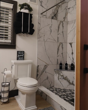Hair dryer, towels, soap, shampoo