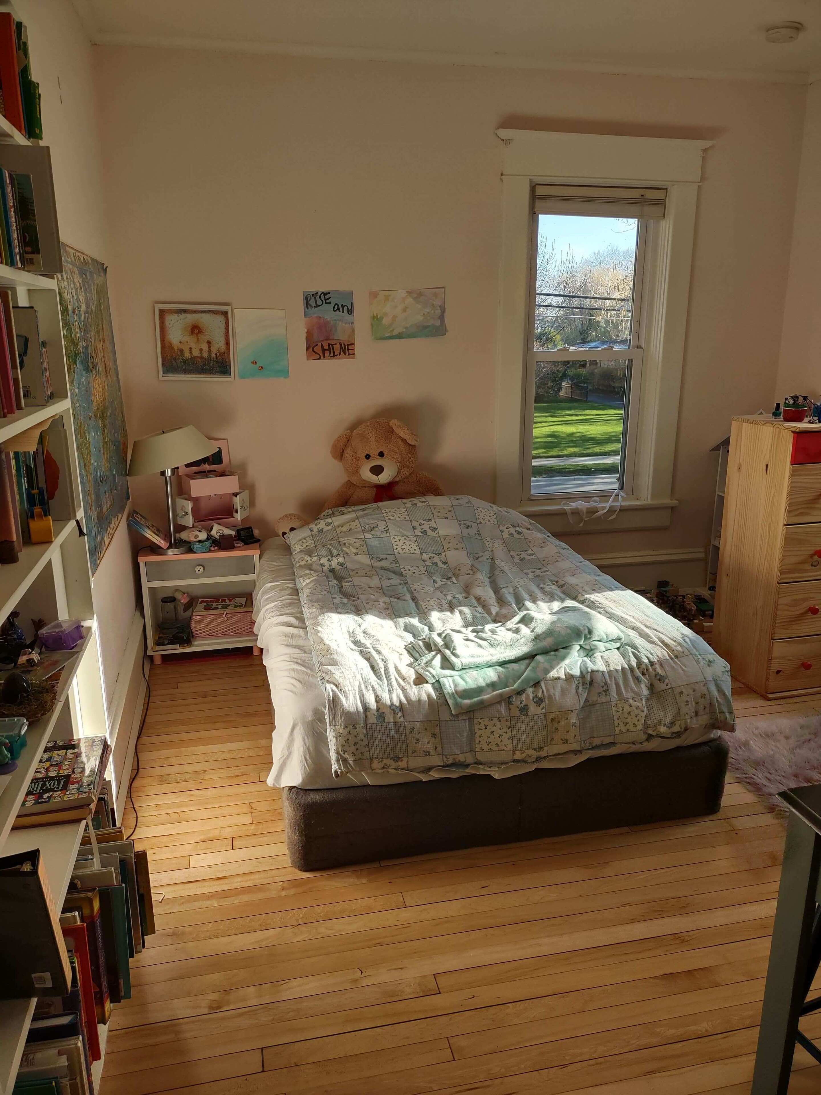 Une chambre à coucher avec un lit, un ours en peluche, une fenêtre et une bibliothèque.