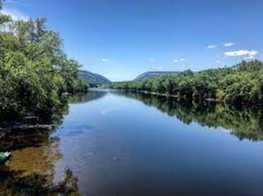 Surrounded by lush greenery, the serene river reflects the sky and surrounding trees, creating a tranquil atmosphere.