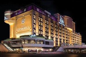 The Crocwell Hotel features a striking facade with a symmetrical layout and prominent signage.
