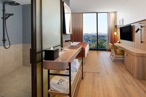 Moxy King Sleeper, Guest room, 1 King, City View | Bathroom | Shower, rainfall showerhead, hair dryer, towels - Moxy Sydney Airport (Mascot)