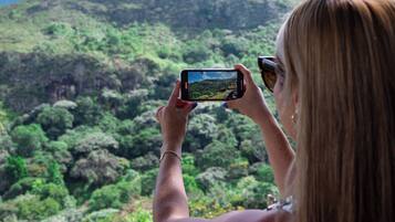 Uma pessoa fotografando uma paisagem verdejante com uma montanha ao fundo.