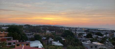 A residential area with houses and trees during sunset.