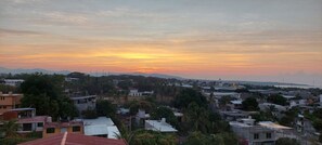 Zona residencial con casas y árboles al atardecer.