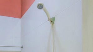 Une douche avec un pommeau de douche amovible, des toilettes et un porte-serviettes.
