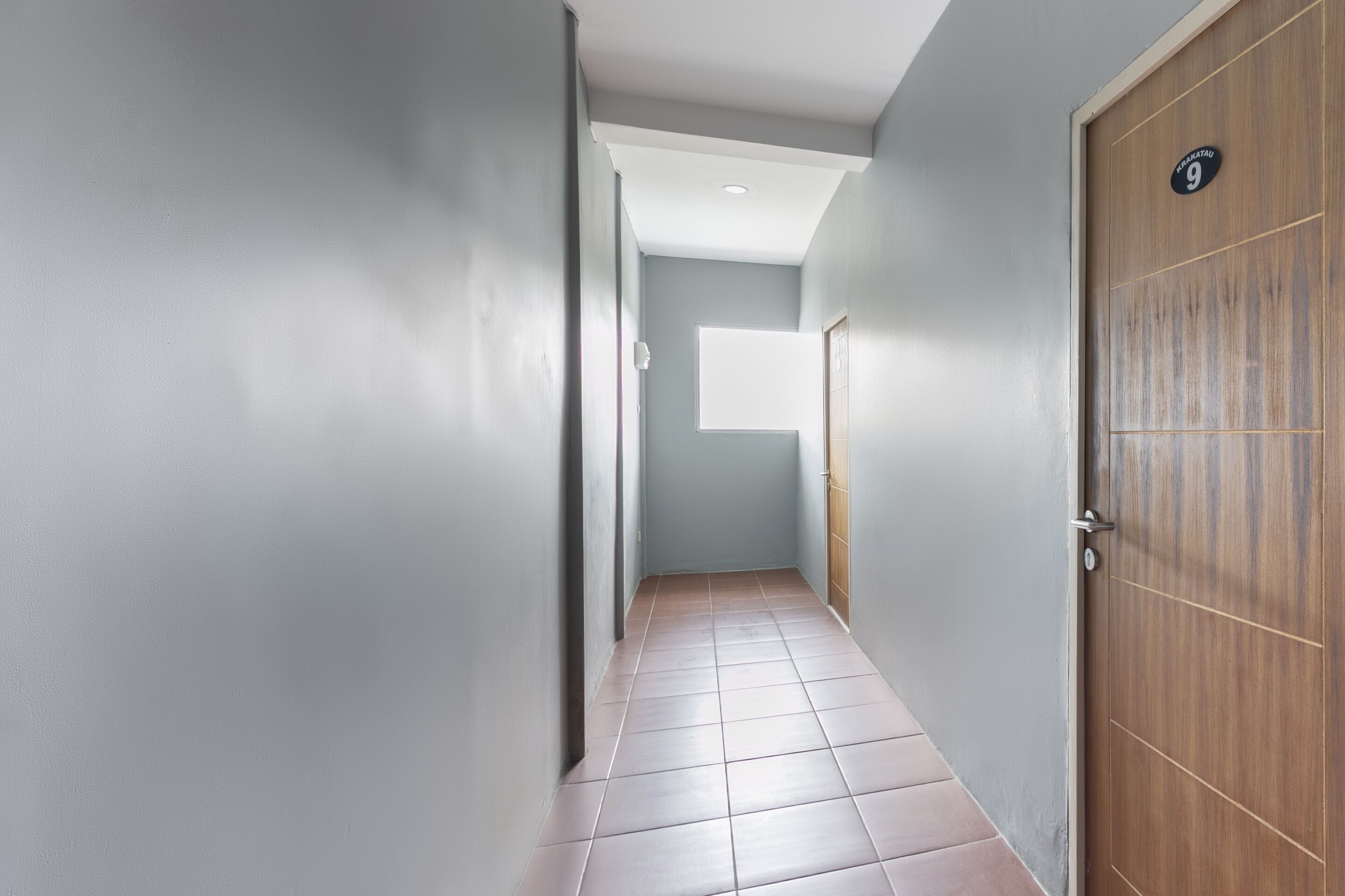 A narrow hallway with grey walls and a wooden door on the right.