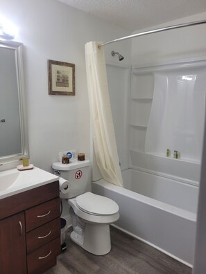 Hair dryer, towels, soap, shampoo