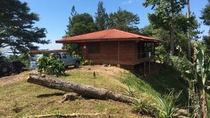 Une cabane en bois avec un toit rouge, entourée d’arbres et d’une zone herbeuse.
