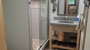 Shower, towels, soap, shampoo