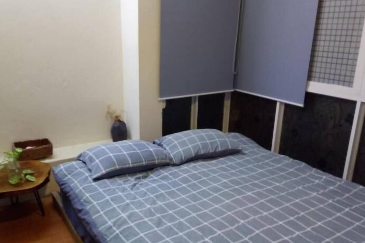 A small, neatly arranged bedroom with a bed, a small table, and a potted plant.