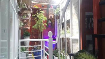 Un balcón estrecho con valla de piquetes blancos, macetas con plantas y una pequeña escalera.
