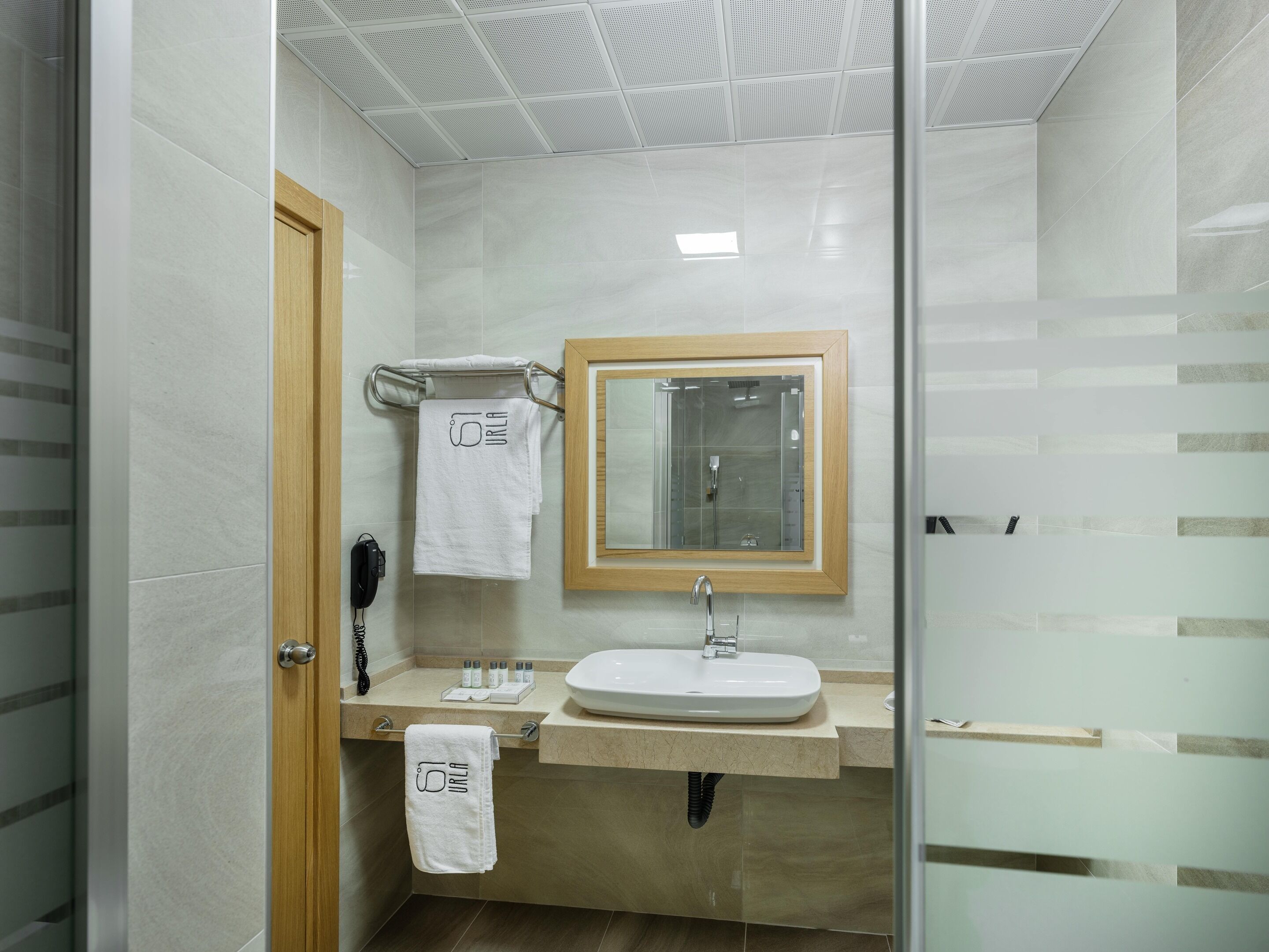 A modern bathroom with a glass shower enclosure, a wooden door, a beige vanity with a sink, and a mirror framed in wood.