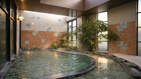 A hot tub with a tiled wall and windows, surrounded by plants and rocks.